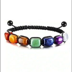 Meditation Relaxation Chakra Reiki Rainbow Real Stone Adjustable Bracelet NWT